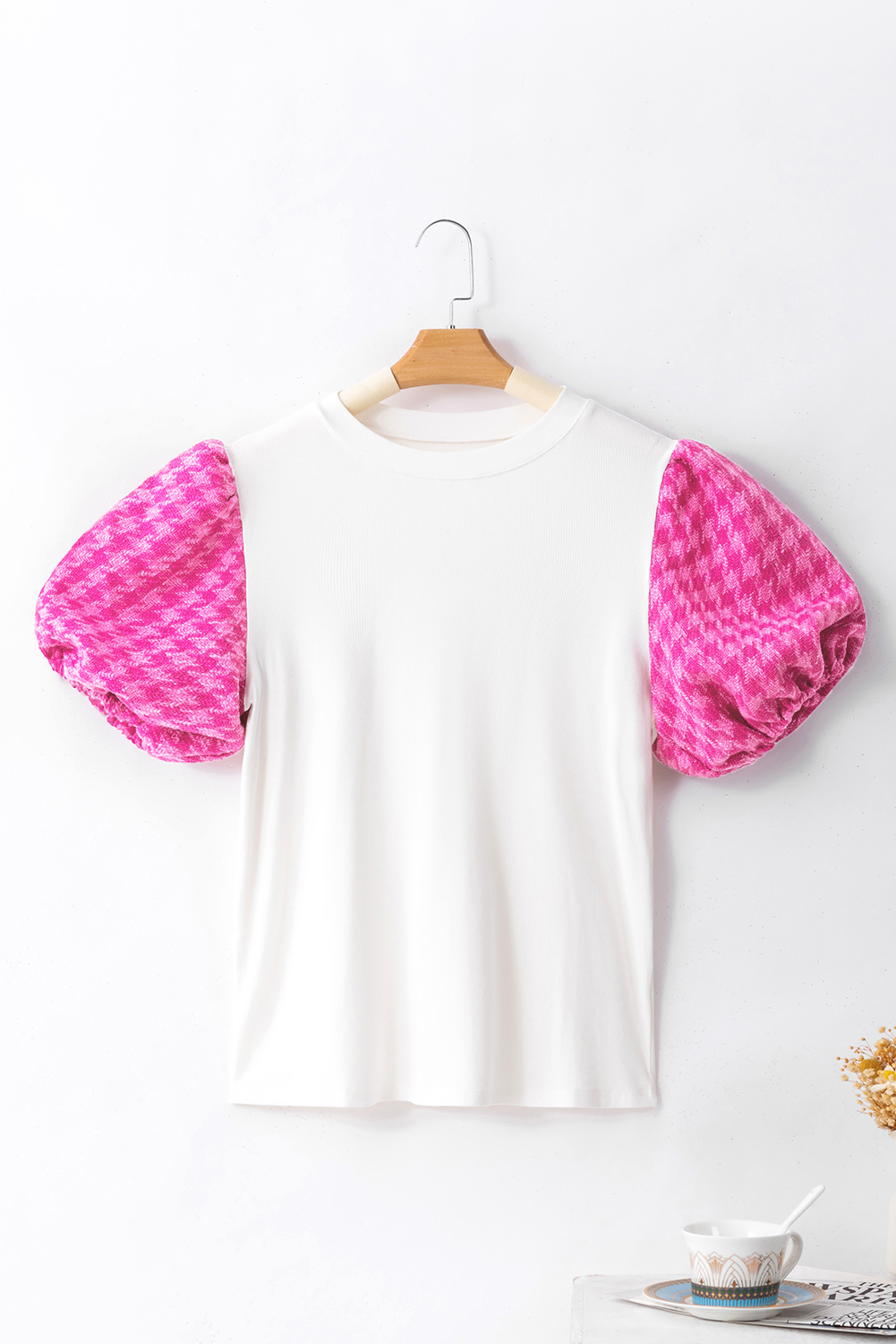 Chic Pink Tweed Sleeve Blouse, Women's Casual Summer Shirt - Detail View 8 Chic Pink Tweed Sleeve Blouse, Women's Casual Summer Shirt - Detail View 8