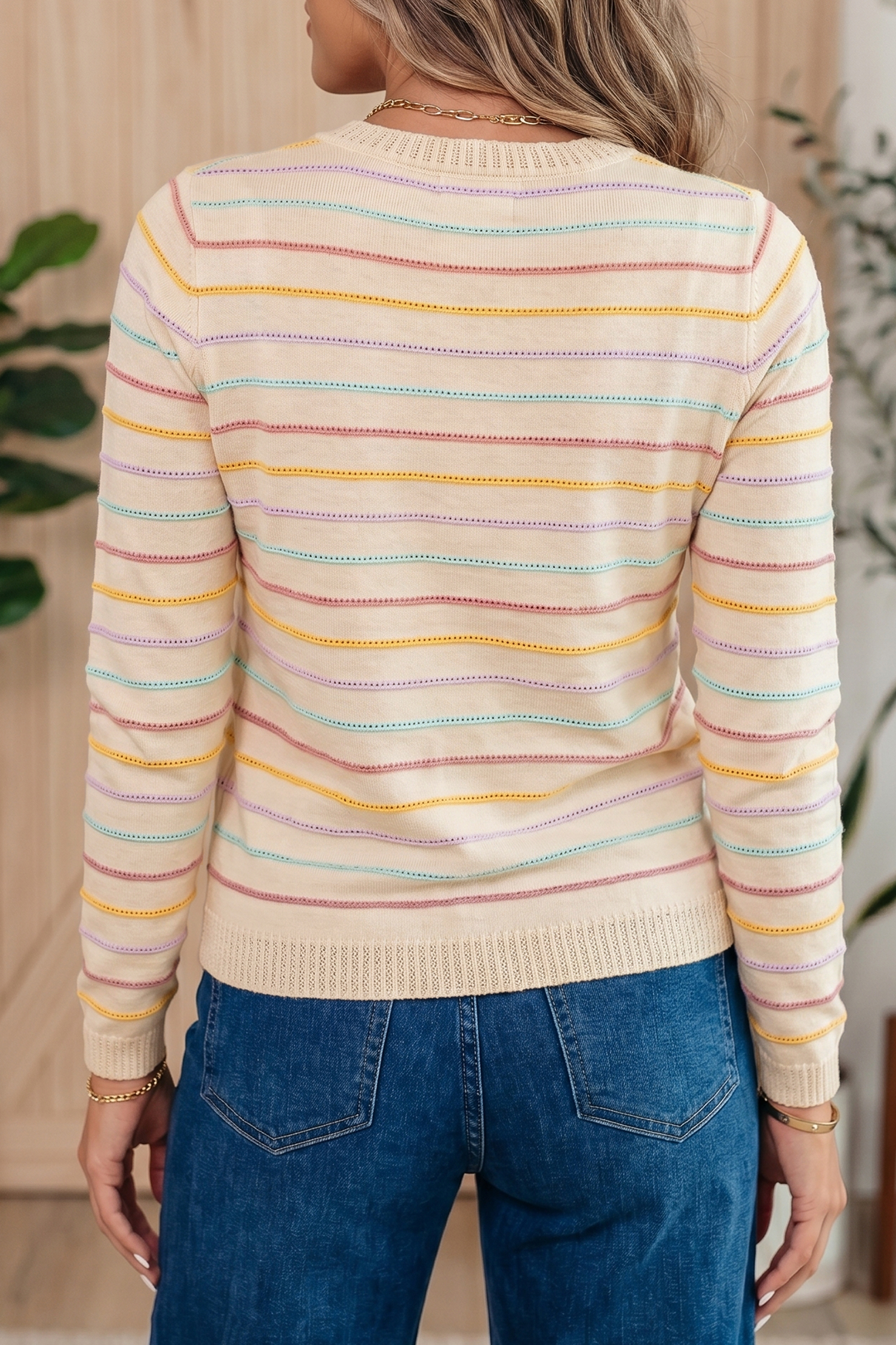 Colorful Stripe Crew Neck Sweater, Chic Autumn Pullover - Detail View 2 Colorful Stripe Crew Neck Sweater, Chic Autumn Pullover - Detail View 2