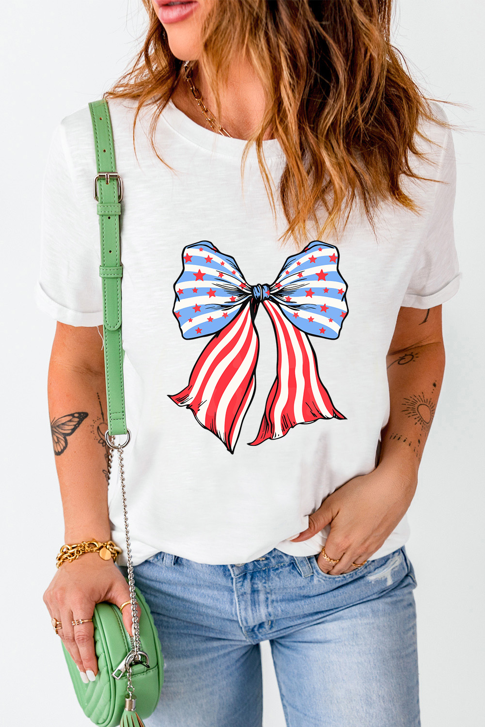 Women's White Stripes and Stars Bowknot Print T-Shirt - Detail View 11 Women's White Stripes and Stars Bowknot Print T-Shirt - Detail View 11