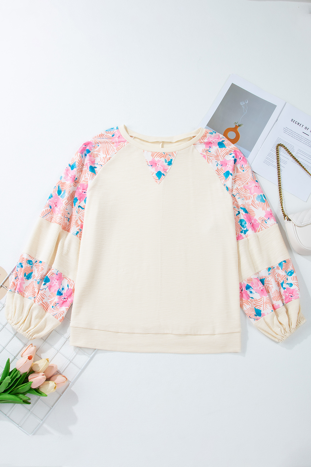Plus Size Floral Patchwork Ribbed Puff Sleeve Top - Apricot - Detail View 6 Plus Size Floral Patchwork Ribbed Puff Sleeve Top - Apricot - Detail View 6