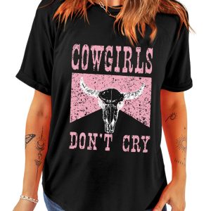 Women's Western Graphic Black COWGIRL DONT CRY Steer Head Print Short Sleeve Top - Main View