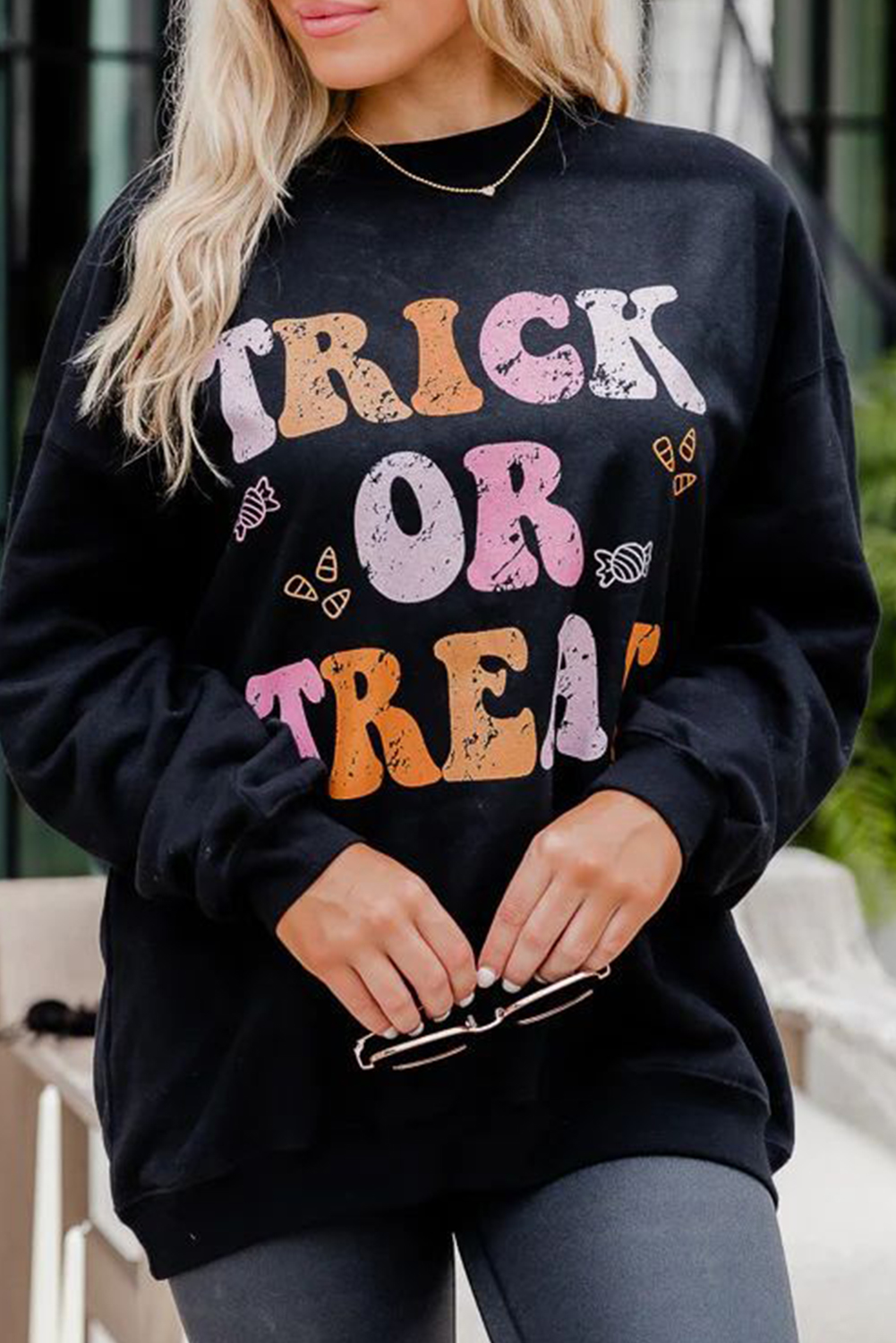 Cozy and Festive Long Sleeve Sweatshirt - Black with Halloween Graphic - Detail View 2 Cozy and Festive Long Sleeve Sweatshirt - Black with Halloween Graphic - Detail View 2