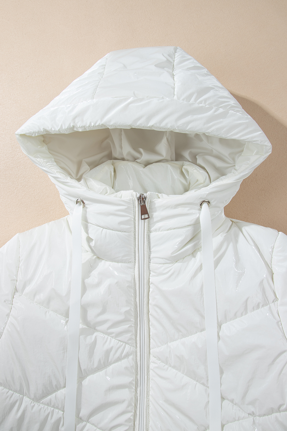 Women's White Solid Quilted Hooded Zip Up Puffer Jacket for Winter - Detail View 9 Women's White Solid Quilted Hooded Zip Up Puffer Jacket for Winter - Detail View 9