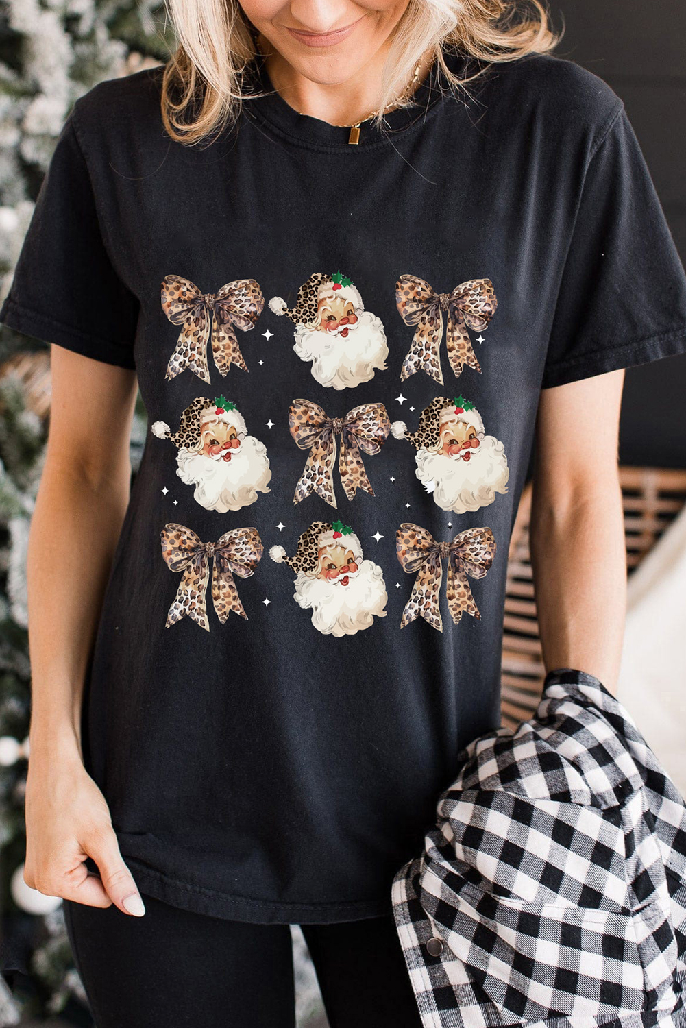 Women's Graphic Tee, Black, Leopard Print, Santa Claus, Bow, Casual, Comfortable, Classic Fit, Short Sleeves, Crew Neck, Christmas Theme, Holiday Season, Fun, Festive, Graphic Tees, Cozy Wear, Easy to Style, Tops - Detail View 8 Women's Graphic Tee, Black, Leopard Print, Santa Claus, Bow, Casual, Comfortable, Classic Fit, Short Sleeves, Crew Neck, Christmas Theme, Holiday Season, Fun, Festive, Graphic Tees, Cozy Wear, Easy to Style, Tops - Detail View 8