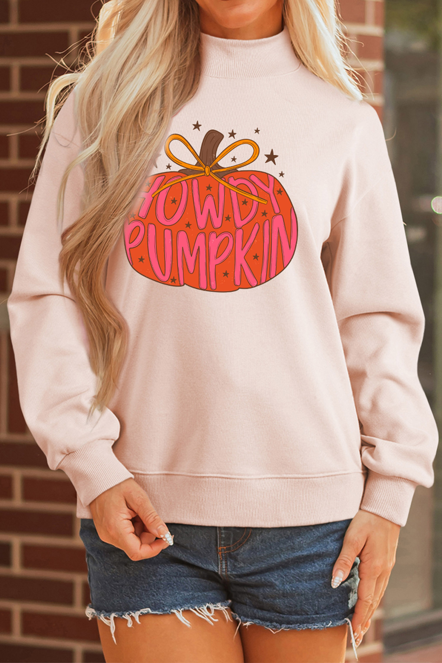 Women's Autumn Pumpkin Graphic Top, Long Sleeve Mock Neck - Detail View 6 Women's Autumn Pumpkin Graphic Top, Long Sleeve Mock Neck - Detail View 6