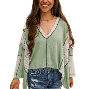 Women's Grass Green Exposed Seam High Low Loose Fit Crochet Top - Main View