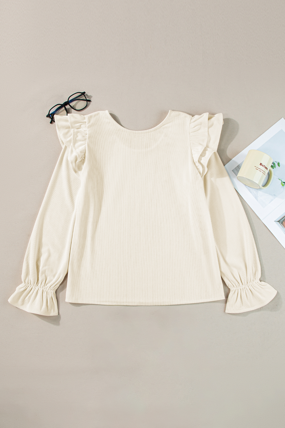 Women's Elegant Beige Ruffled Flounce Sleeve Corduroy Blouse - Detail View 6 Women's Elegant Beige Ruffled Flounce Sleeve Corduroy Blouse - Detail View 6