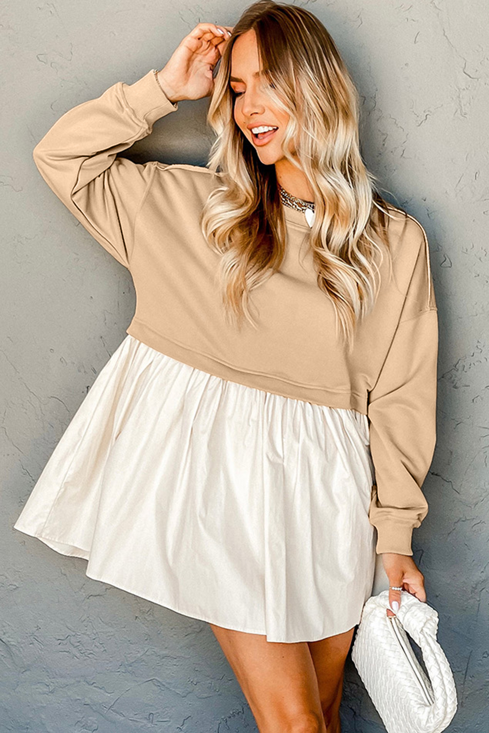Women's Patchwork Poplin Dress, Cozy Colorblock Mini Style - Detail View 8 Women's Patchwork Poplin Dress, Cozy Colorblock Mini Style - Detail View 8