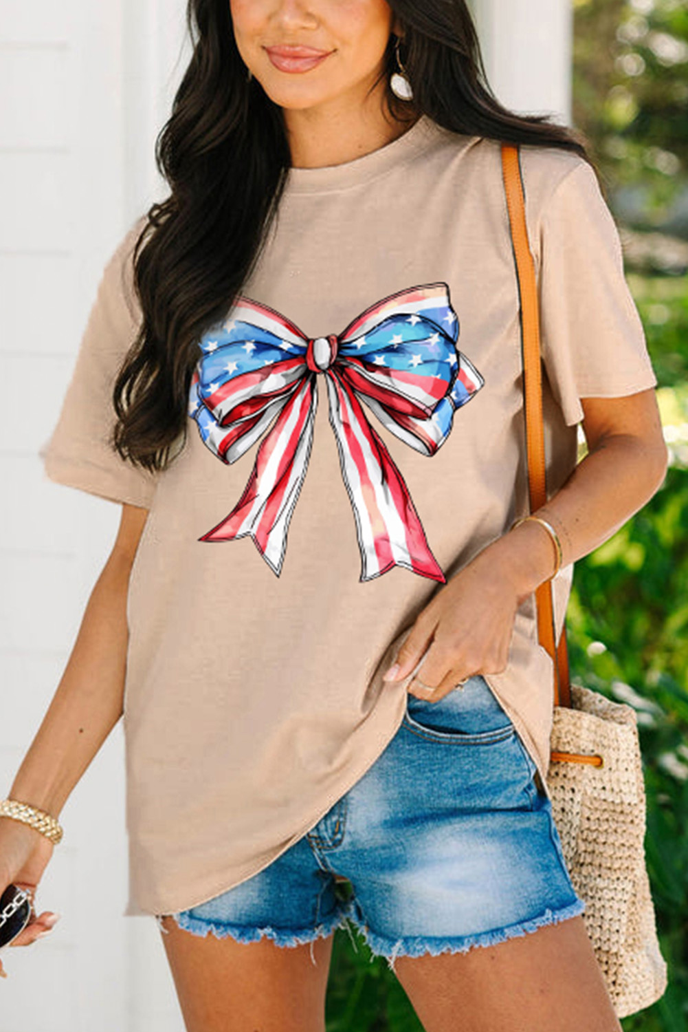Patriotic Bow Print Top, Women's Casual Summer Round Neck Tee - Detail View 2 Patriotic Bow Print Top, Women's Casual Summer Round Neck Tee - Detail View 2