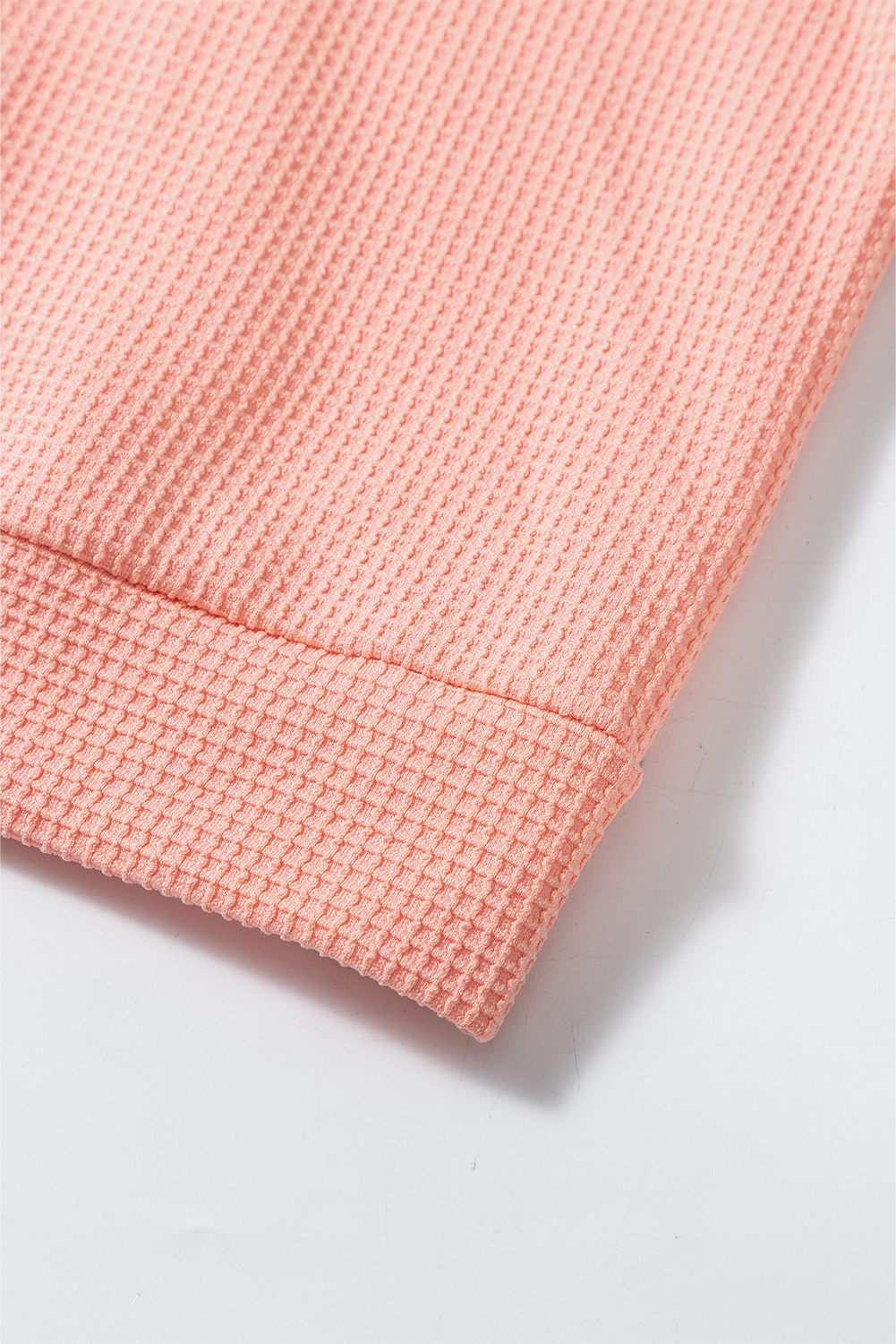 Casual Round Neck Waffle Knit Tee with Raw Hem and Bracelet Sleeves for Women - Detail View 7 Casual Round Neck Waffle Knit Tee with Raw Hem and Bracelet Sleeves for Women - Detail View 7