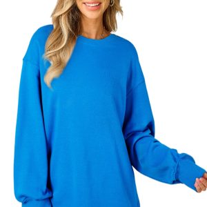 Women's Sky Blue Solid Color Drop Shoulder Long Sleeve Basic Sweatshirt - Main View