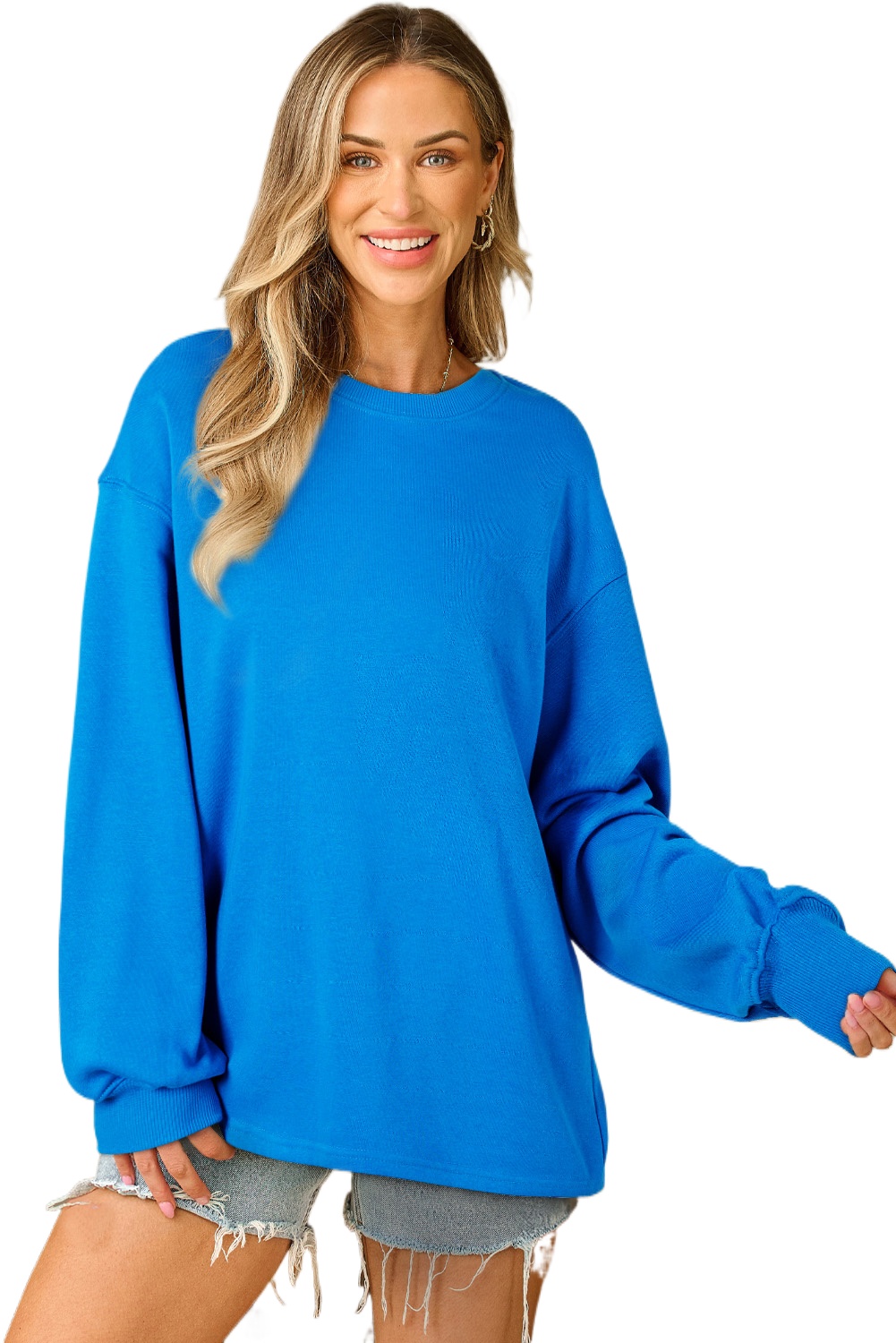 Women's Sky Blue Solid Color Drop Shoulder Long Sleeve Basic Sweatshirt - Main View Women's Sky Blue Solid Color Drop Shoulder Long Sleeve Basic Sweatshirt - Main View