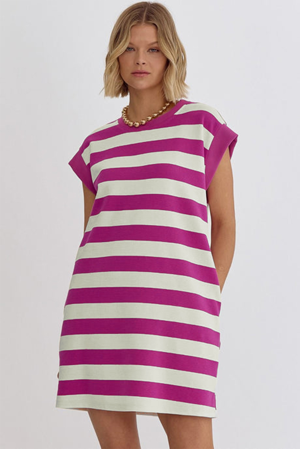 Stylish Round Neck Shift Dress: Cap Sleeve, Mini Length, Pink Striped - Detail View 8 Stylish Round Neck Shift Dress: Cap Sleeve, Mini Length, Pink Striped - Detail View 8