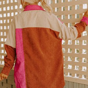 Women's Rose Red Colorblock Curved Hem Corduroy Shacket with Pocket - Main View
