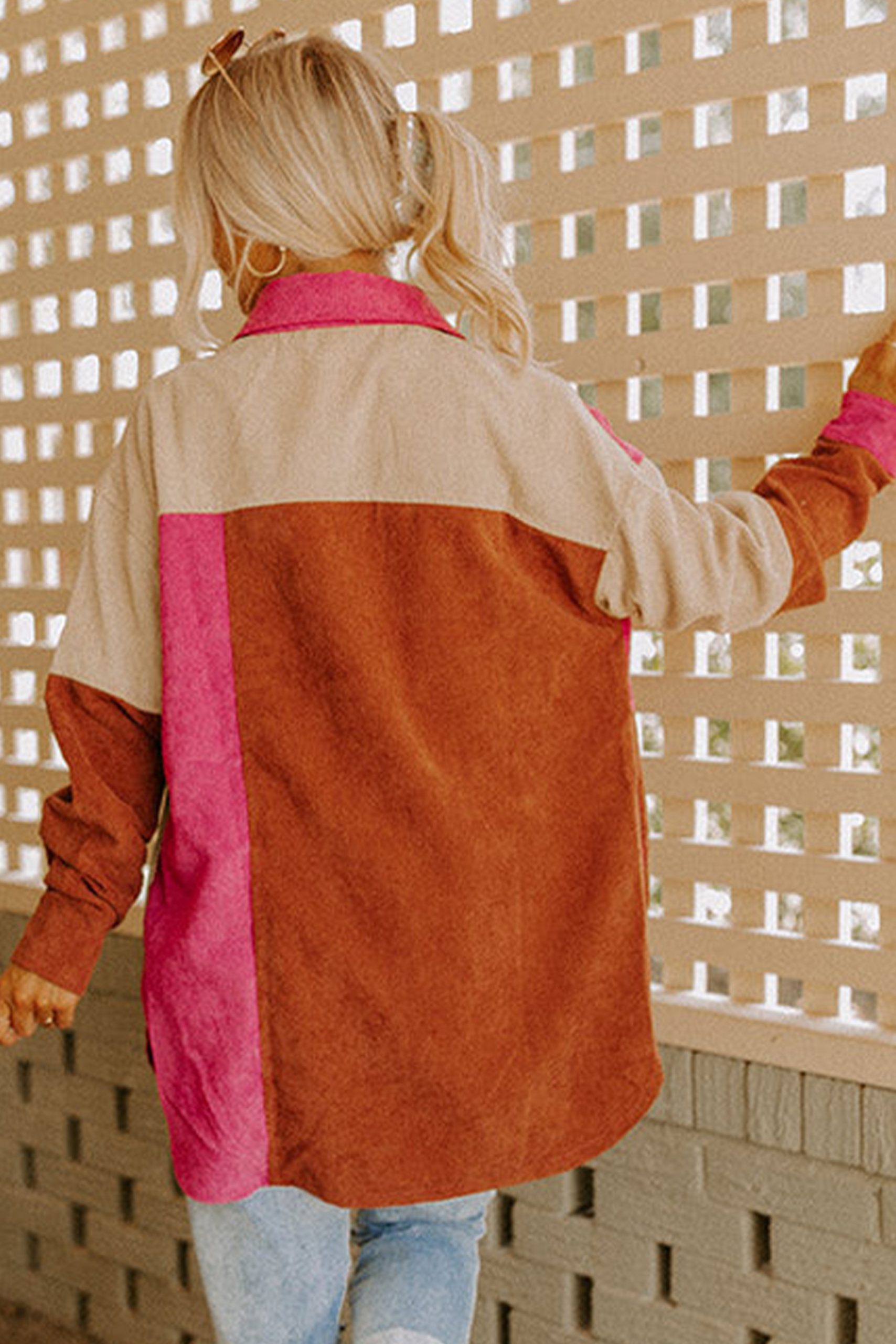 Women's Rose Red Colorblock Curved Hem Corduroy Shacket with Pocket - Main View Women's Rose Red Colorblock Curved Hem Corduroy Shacket with Pocket - Main View