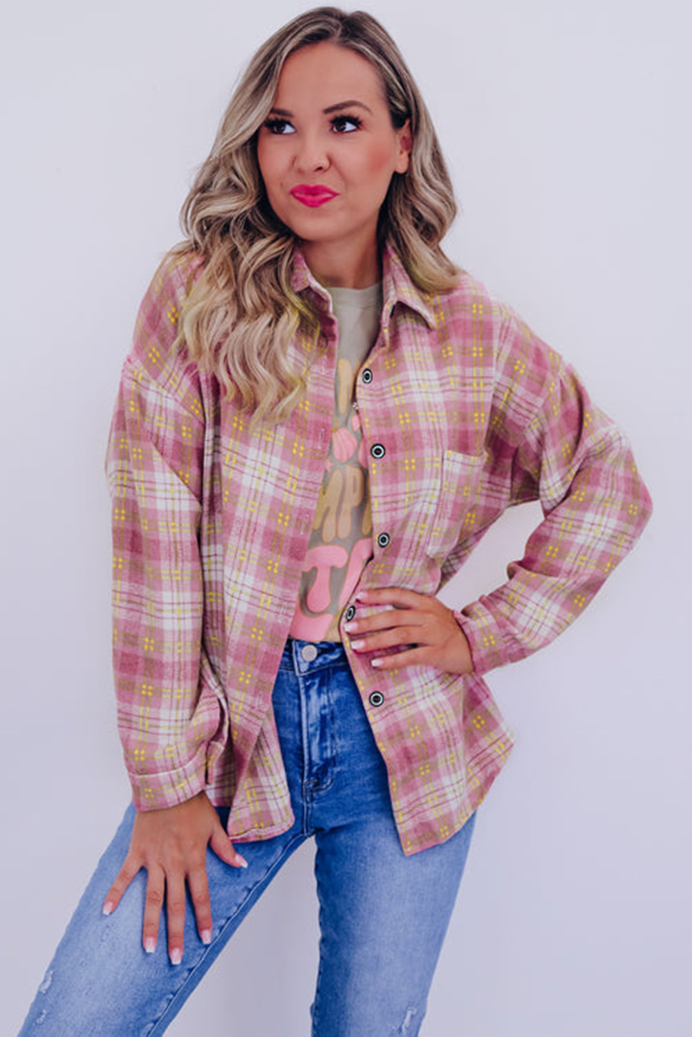 Women's Pink Plaid Print Chest Pocket Long Sleeve Shacket - Detail View 6 Women's Pink Plaid Print Chest Pocket Long Sleeve Shacket - Detail View 6