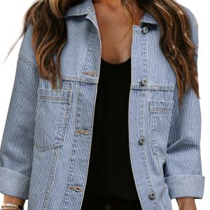 Women's Sky Blue Stripe Washed Oversize Denim Jacket with Convenient Chest Pockets - Main View