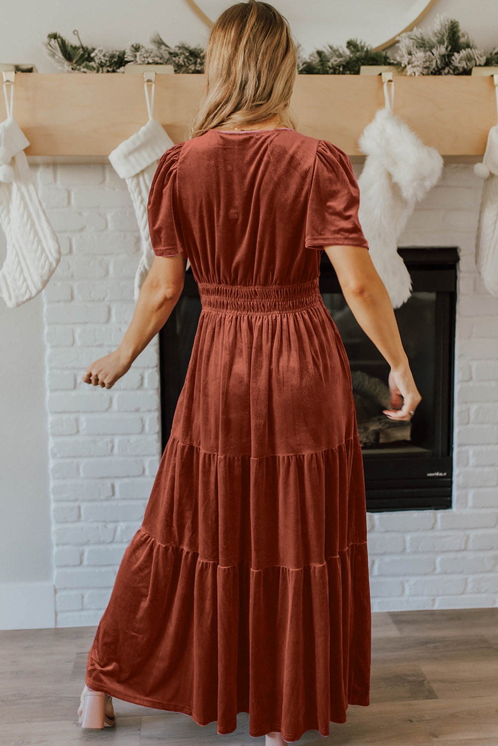 Elegant Chestnut Velvet A-Line Maxi Dress - Short Sleeves & Flattering V Neck - Detail View 2 Elegant Chestnut Velvet A-Line Maxi Dress - Short Sleeves & Flattering V Neck - Detail View 2