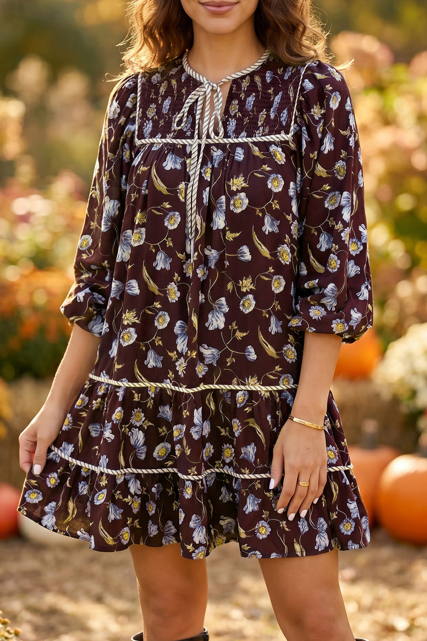 Women's Brown Floral Shift Dress, Casual Fall Mini - Detail View 7 Women's Brown Floral Shift Dress, Casual Fall Mini - Detail View 7