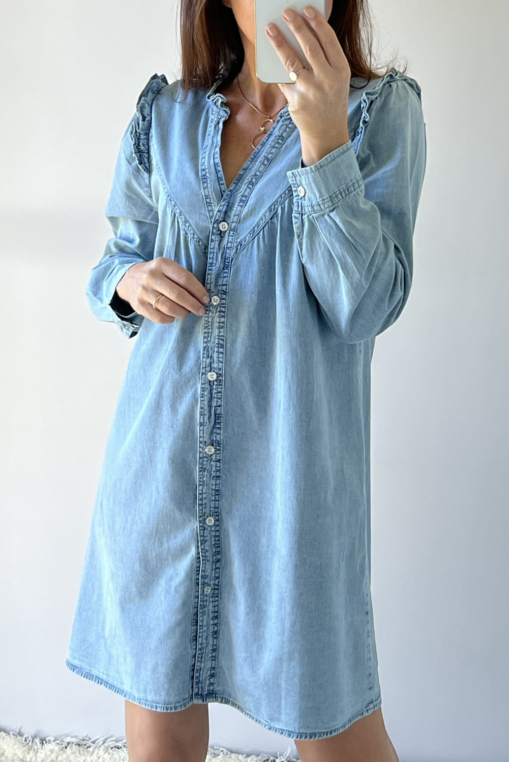 Soft Cotton Denim Shift Dress, Daily Casual Fall Mini - Detail View 3 Soft Cotton Denim Shift Dress, Daily Casual Fall Mini - Detail View 3