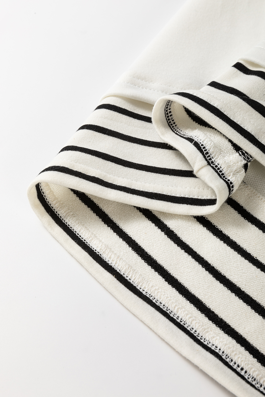 Women's White Stripe Colorblock Sleeve Exposed Seam Fake-2-Piece Sweatshirt - Detail View 9 Women's White Stripe Colorblock Sleeve Exposed Seam Fake-2-Piece Sweatshirt - Detail View 9