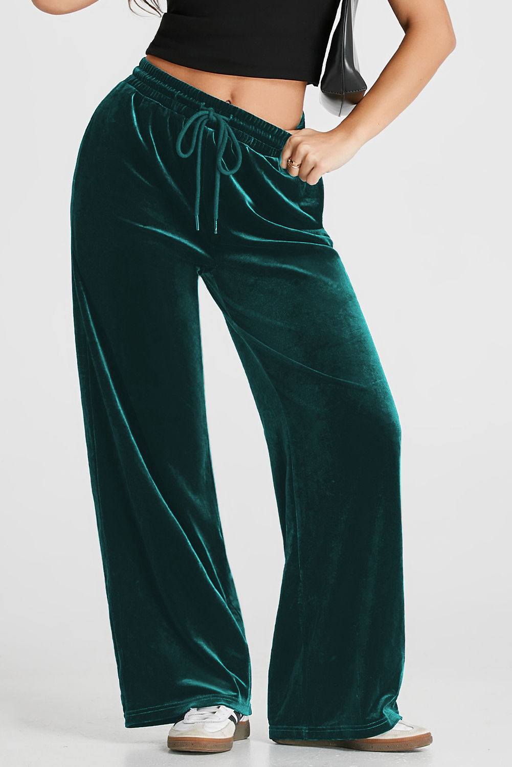 Women's Pants, Evergreen, Solid Color, Wide Leg, Drawstring Waist, High Waist, Versatile, Comfortable, Chic, Activewear, Winter Season, Daily Wear, Outdoor Activities, Premium Material, Trendy - Detail View 10 Women's Pants, Evergreen, Solid Color, Wide Leg, Drawstring Waist, High Waist, Versatile, Comfortable, Chic, Activewear, Winter Season, Daily Wear, Outdoor Activities, Premium Material, Trendy - Detail View 10