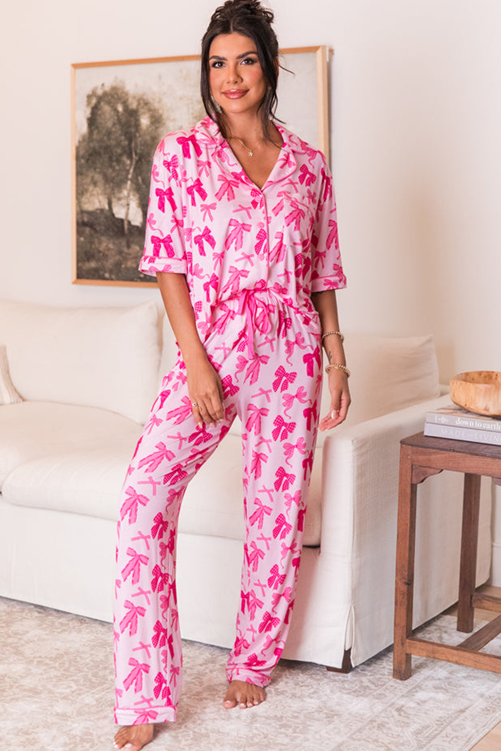 Stylish Women's Loungewear: Pink Bow Knot Print with Matching Pants - Detail View 2 Stylish Women's Loungewear: Pink Bow Knot Print with Matching Pants - Detail View 2