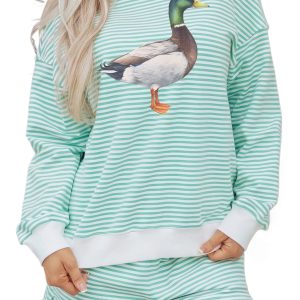 Women's Mallard Duck Sweatshirt Set, Green Striped Lounge - Main View
