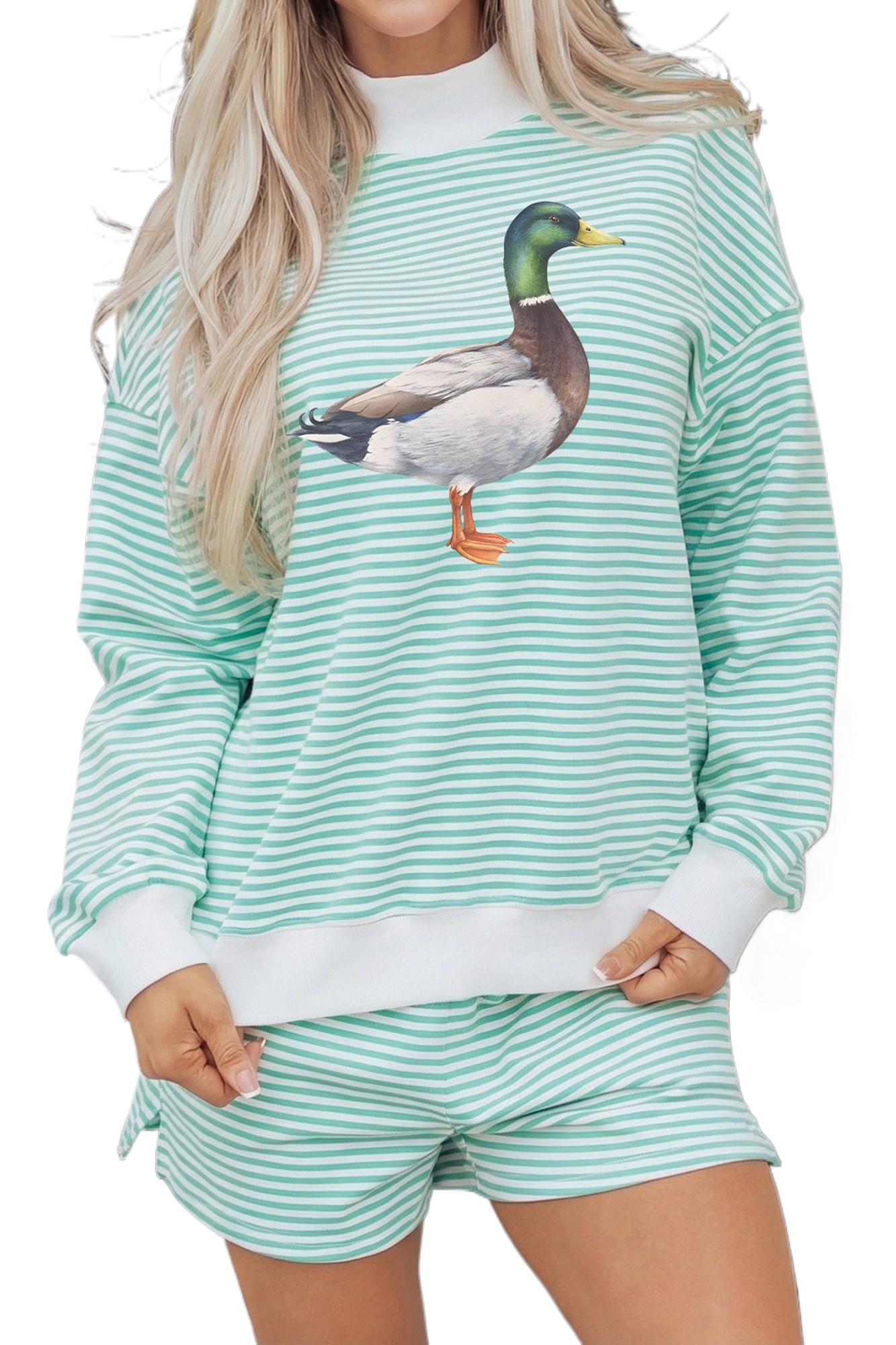 Women's Mallard Duck Sweatshirt Set, Green Striped Lounge - Main View Women's Mallard Duck Sweatshirt Set, Green Striped Lounge - Main View