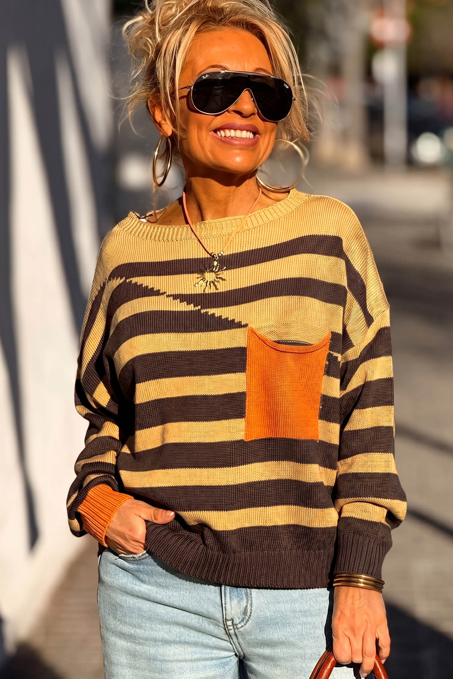 Women's Colorblock Knit Sweater, Striped Crewneck Top - Detail View 2 Women's Colorblock Knit Sweater, Striped Crewneck Top - Detail View 2