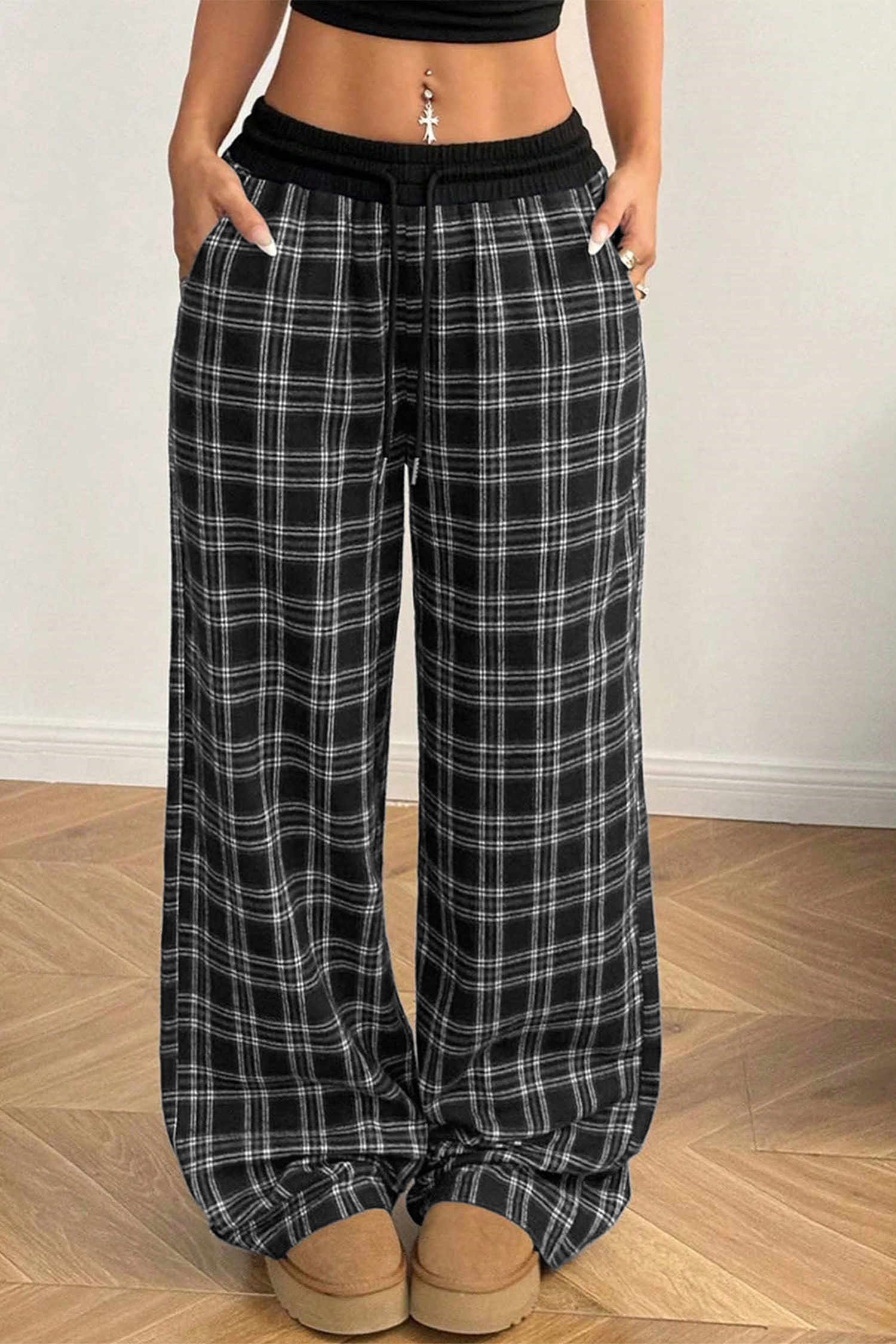 Women's Drawstring Plaid Pants, Wide Leg Trousers - Detail View 3 Women's Drawstring Plaid Pants, Wide Leg Trousers - Detail View 3