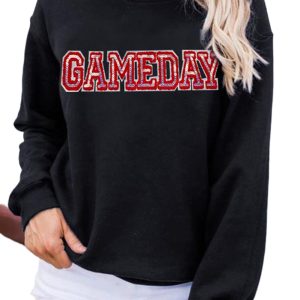 Women's Black Sequined Game Day Rugby Football Season Sweatshirt - Main View