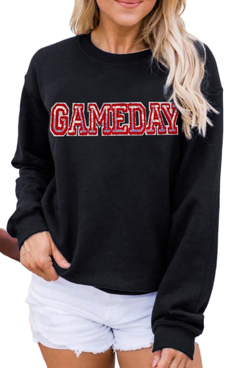 Women's Black Sequined Game Day Rugby Football Season Sweatshirt - Main View Women's Black Sequined Game Day Rugby Football Season Sweatshirt - Main View