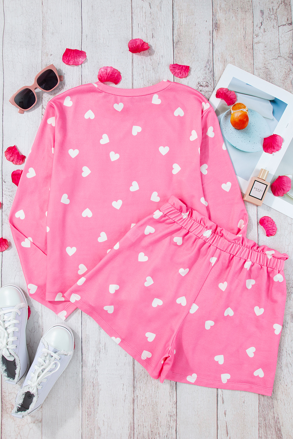 Pink Heart Loungewear Set, Casual Round Neck Top and Shorts - Detail View 8 Pink Heart Loungewear Set, Casual Round Neck Top and Shorts - Detail View 8