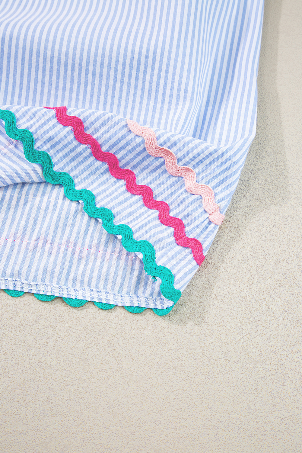 Women's Sky Blue Stripe Ruffled Sleeve Split Neck Blouse with Ric Rac Trim - Detail View 11 Women's Sky Blue Stripe Ruffled Sleeve Split Neck Blouse with Ric Rac Trim - Detail View 11