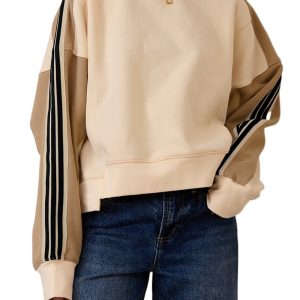 Women's Beige Contrast Striped Patchwork Drop Shoulder Loose Sweatshirt - Main View