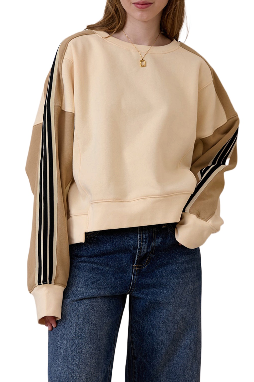 Women's Beige Contrast Striped Patchwork Drop Shoulder Loose Sweatshirt - Main View Women's Beige Contrast Striped Patchwork Drop Shoulder Loose Sweatshirt - Main View