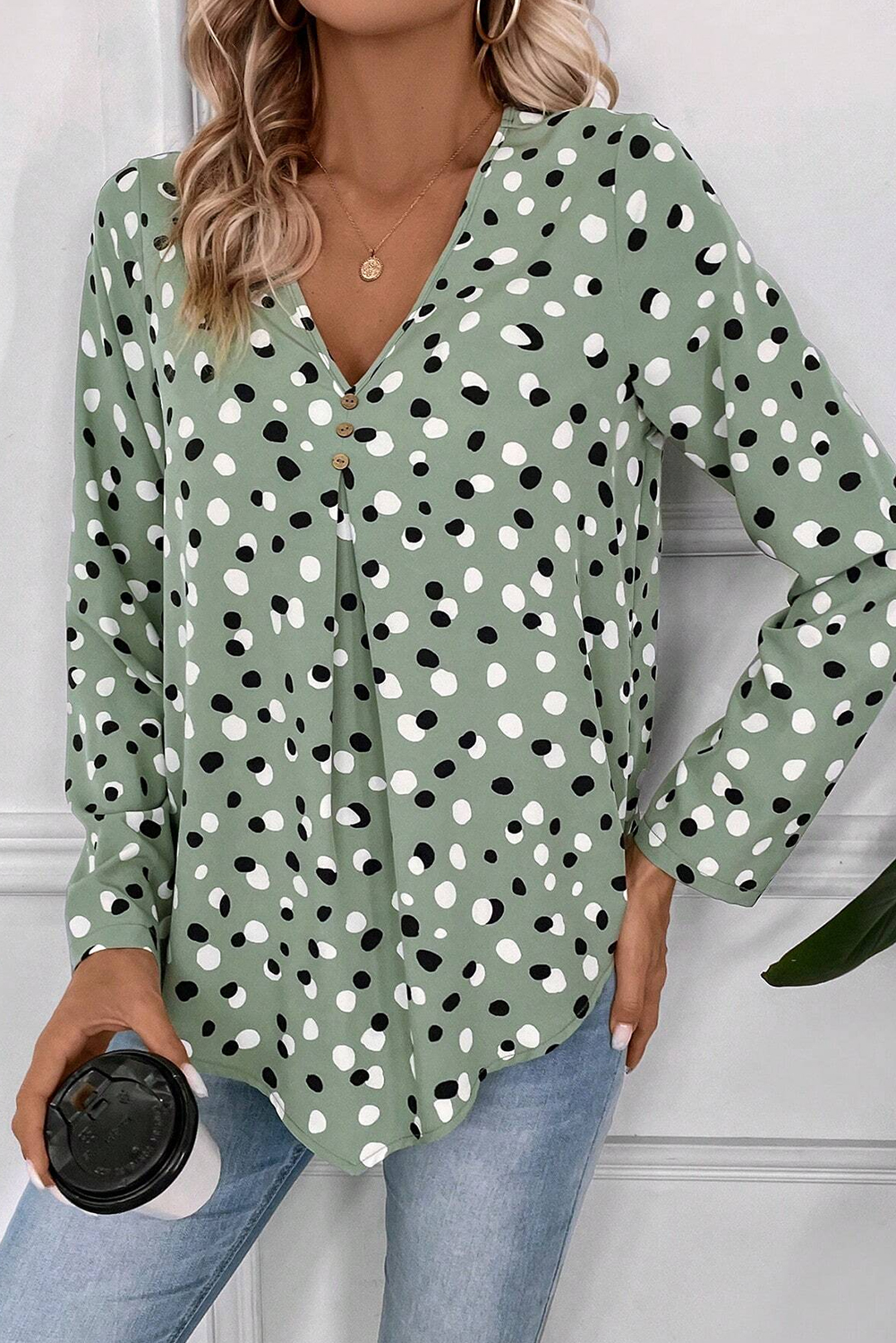 Women's Green Polka Dot Print Button Front V-Neck Blouse - Detail View 6 Women's Green Polka Dot Print Button Front V-Neck Blouse - Detail View 6