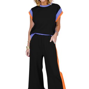 Women's Black Color Block Casual Two-Piece Outfit - Main View