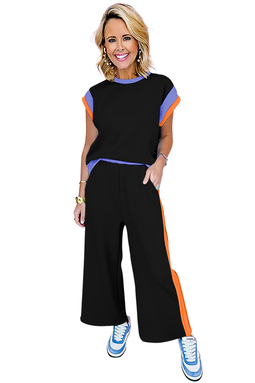 Women's Black Color Block Casual Two-Piece Outfit - Main View Women's Black Color Block Casual Two-Piece Outfit - Main View