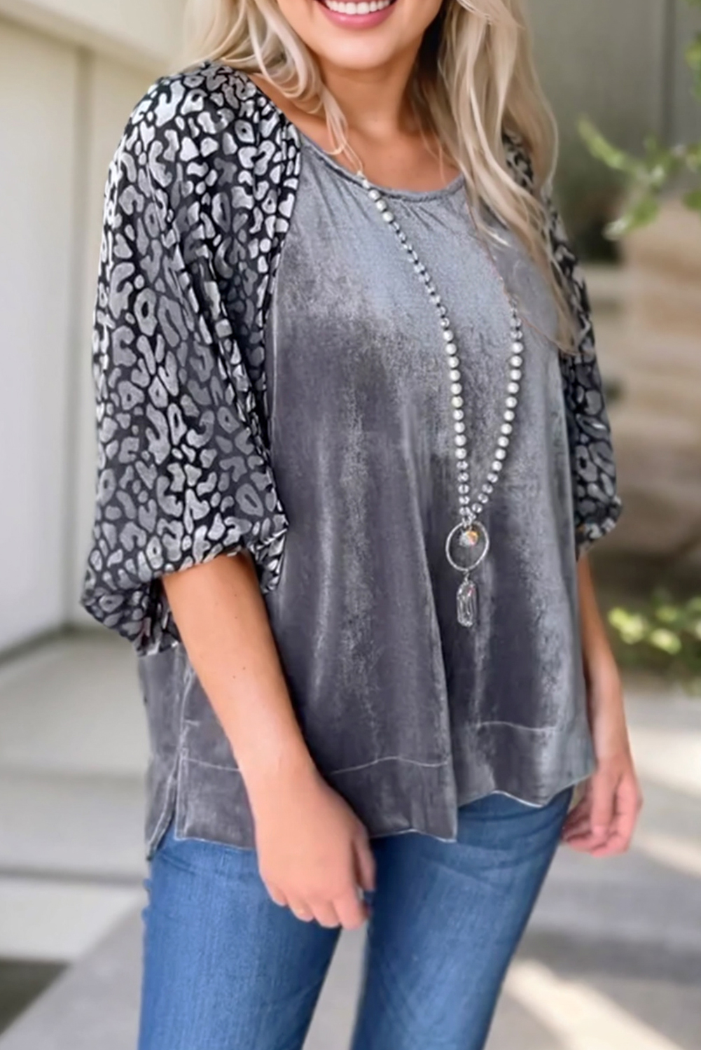 Leopard Print Velvet Blouse, Chic Round Neck Autumn Shirt - Detail View 8 Leopard Print Velvet Blouse, Chic Round Neck Autumn Shirt - Detail View 8