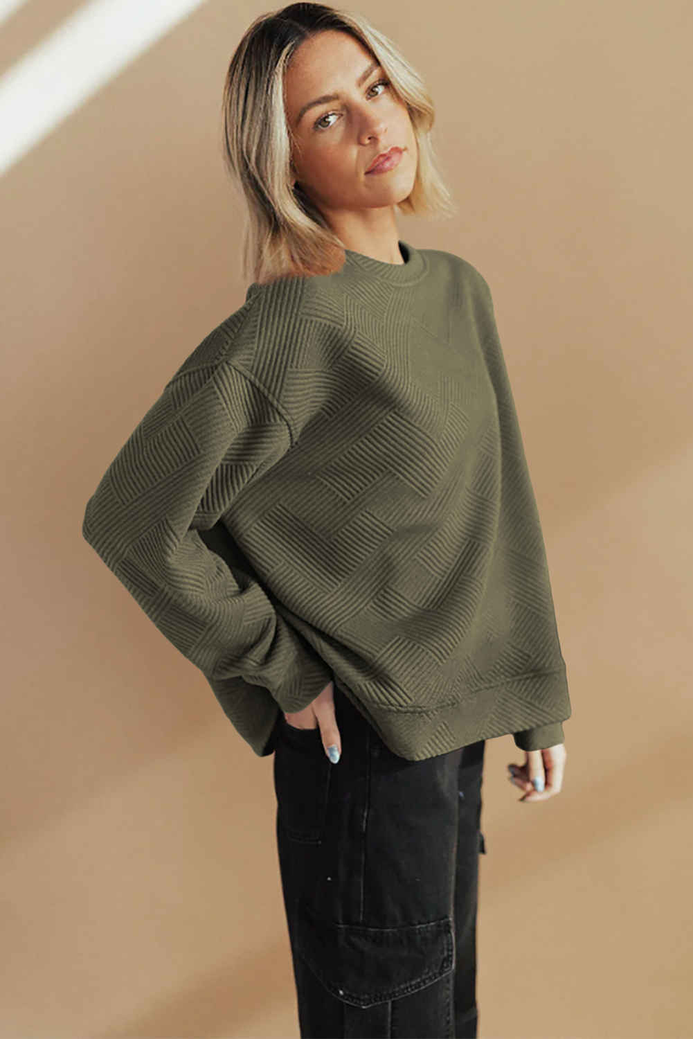 Long Sleeve Textured Sweatshirt, Women's Fall Round Neck Top - Detail View 9 Long Sleeve Textured Sweatshirt, Women's Fall Round Neck Top - Detail View 9
