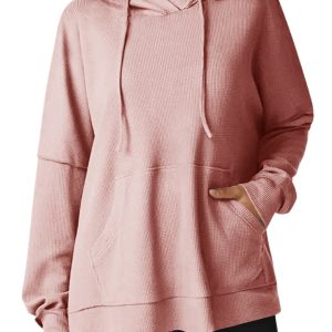 Women's Light Pink Waffle Knit Fleece Lined Oversized Hoodie - Main View