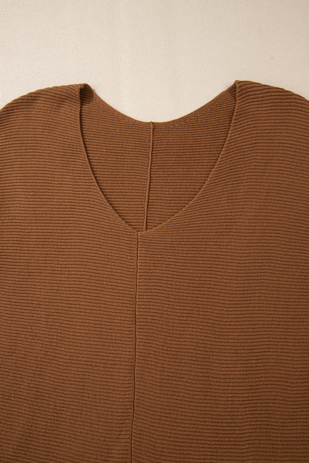 Women's Camel Ribbed Knit Drop Sleeve V Neck Loose Fit Sweater - Cozy & Chic - Detail View 9 Women's Camel Ribbed Knit Drop Sleeve V Neck Loose Fit Sweater - Cozy & Chic - Detail View 9