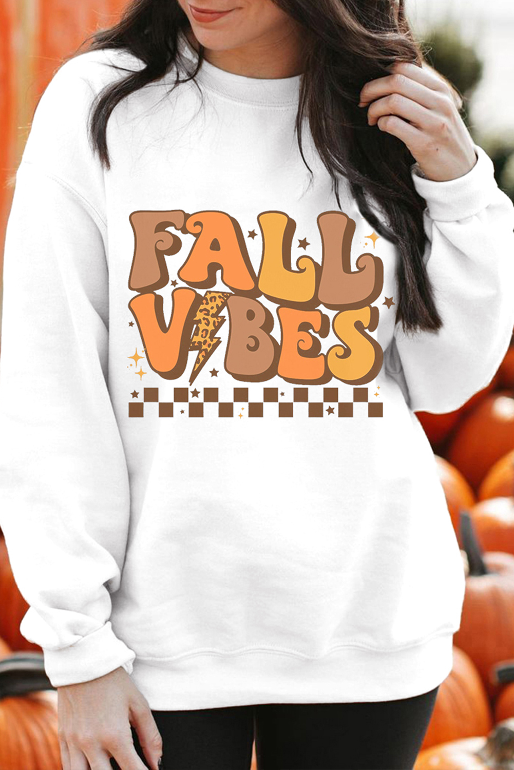Stylish Casual Long Sleeve Sweatshirt - Beige with Fall Vibes Graphic - Detail View 2 Stylish Casual Long Sleeve Sweatshirt - Beige with Fall Vibes Graphic - Detail View 2
