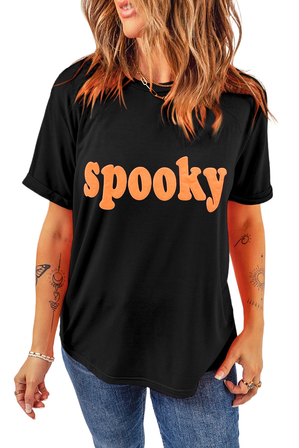 Women's Black Halloween Spooky Crew Neck Graphic Tee - Main View Women's Black Halloween Spooky Crew Neck Graphic Tee - Main View