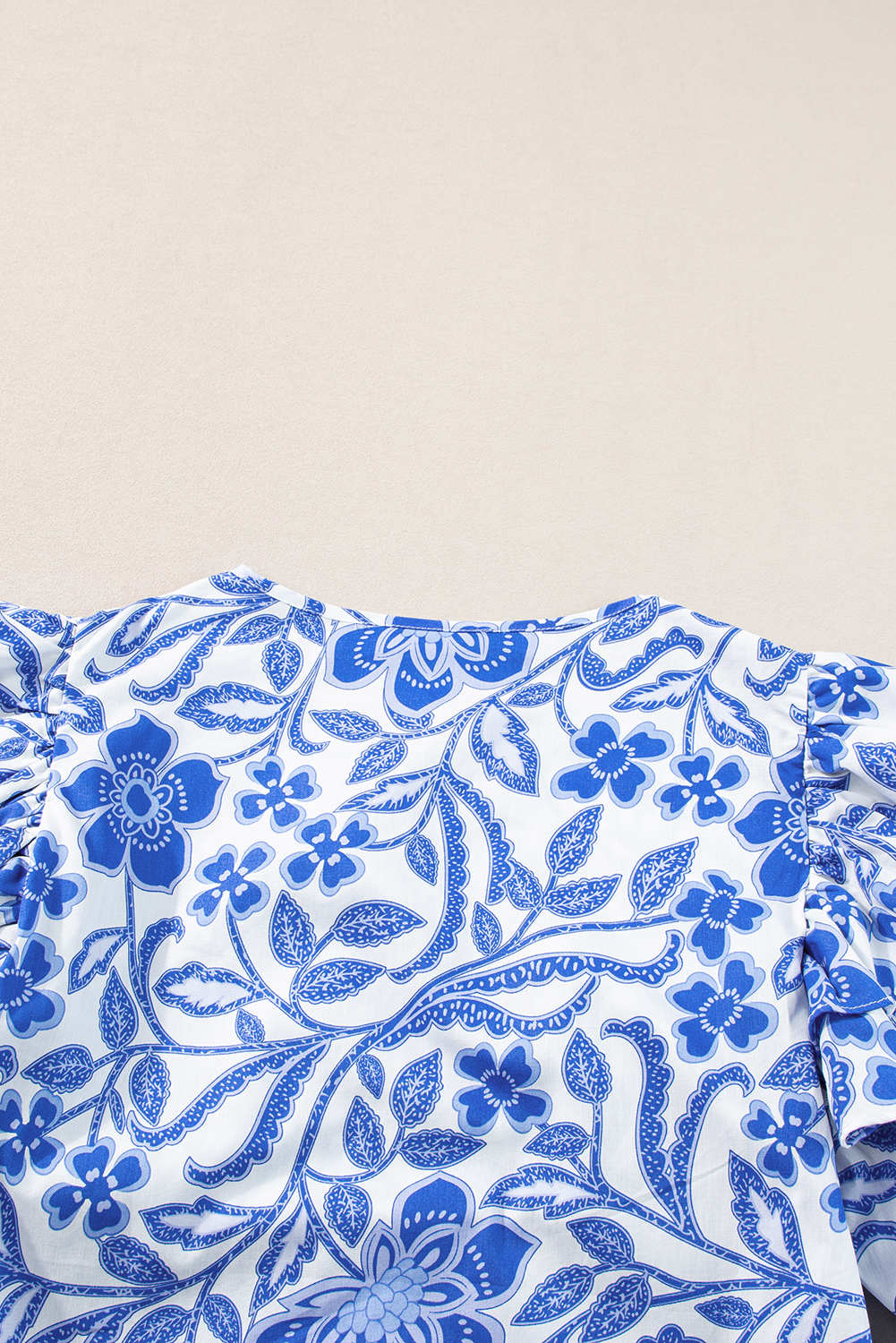 Women's Blouse, Dark Blue Floral Print, Ruffled Bubble Sleeve, Chic Style, V-Neck, Playful Design, Summer Season, Daily Wear, Tops, Blouses & Shirts, Feminine, Stylish, Best Sellers, Hot Picks - Detail View 10 Women's Blouse, Dark Blue Floral Print, Ruffled Bubble Sleeve, Chic Style, V-Neck, Playful Design, Summer Season, Daily Wear, Tops, Blouses & Shirts, Feminine, Stylish, Best Sellers, Hot Picks - Detail View 10