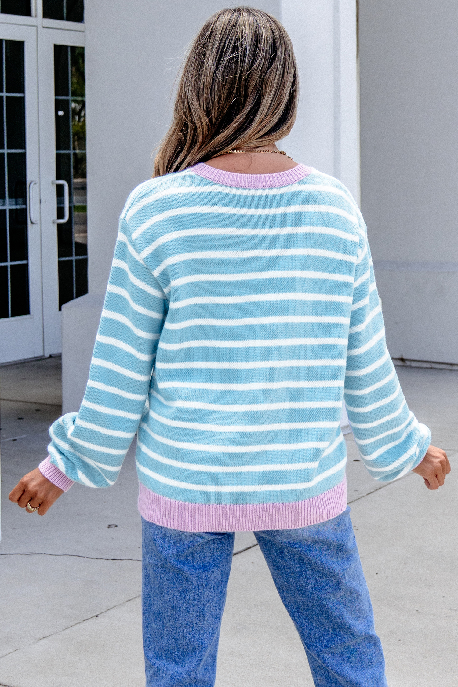 Colorblock Stripe Cardigan, Long Sleeve Round Neck Sweater - Detail View 2 Colorblock Stripe Cardigan, Long Sleeve Round Neck Sweater - Detail View 2
