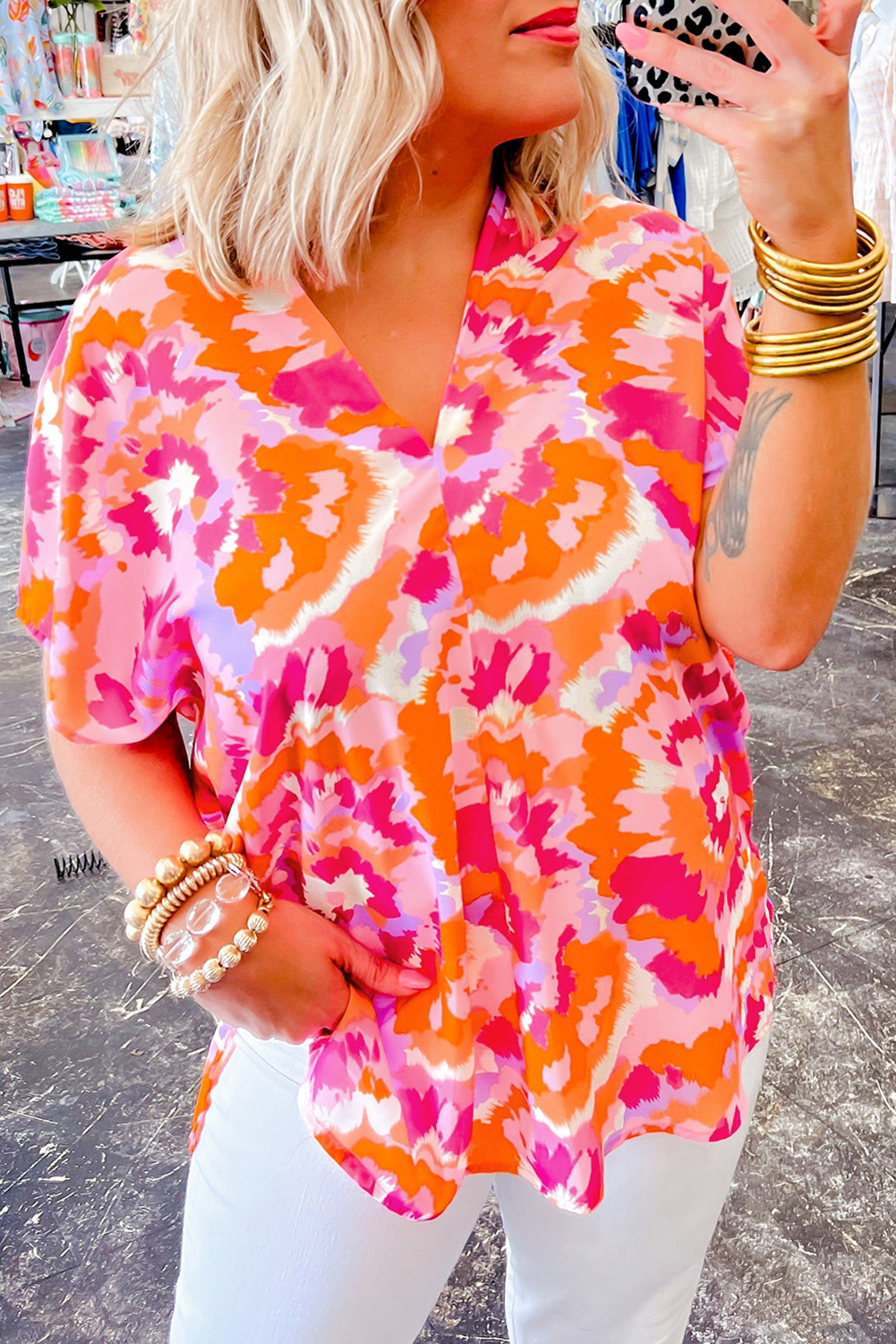 Chic Short Sleeve Blouse: Rose Red Abstract Print V-Neck Top - Detail View 2 Chic Short Sleeve Blouse: Rose Red Abstract Print V-Neck Top - Detail View 2