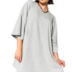 Women's Light Grey Solid Color Loose Tunic Top and Slim Shorts Set - Main View
